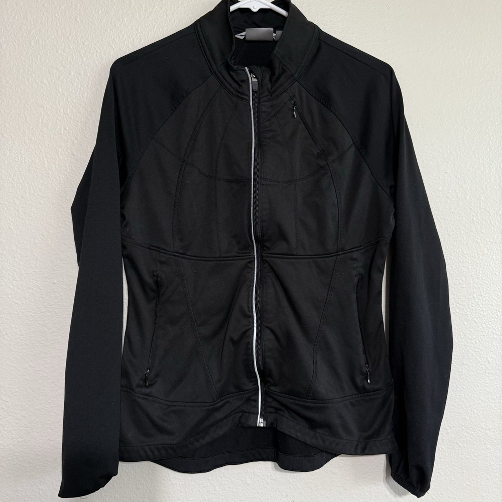 Athleta Twilight Run Black Stretch Zip Up Jacket sz Medium Thumb Holes Pockets